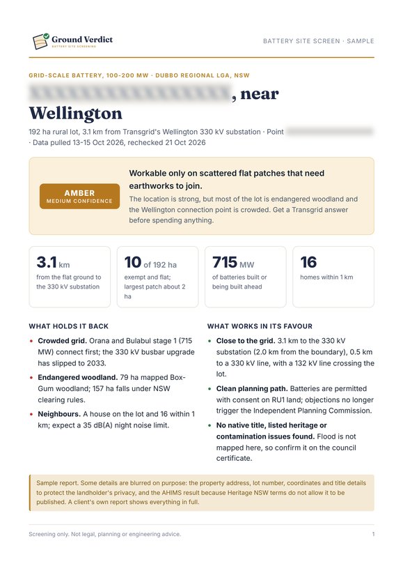 Report page 1: verdict and key numbers