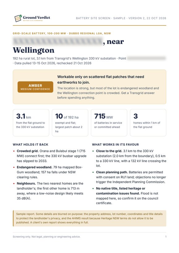 Report page 1: verdict and key numbers