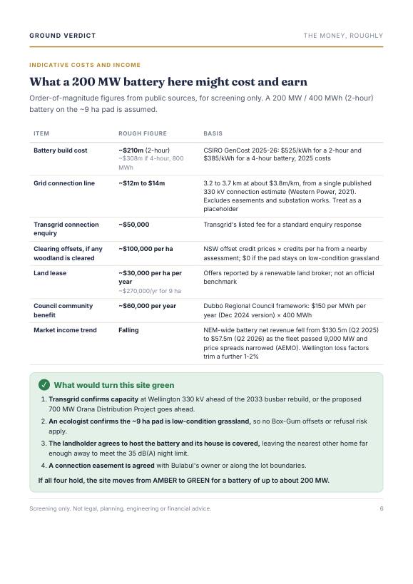 Report page 6: rough costs and what would turn it green