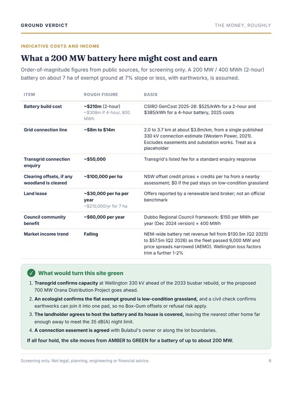 Report page 6: rough costs and what would turn it green