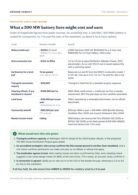 Report page 7: rough costs and what would turn it green